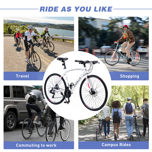 24-Speed Hybrid Disc Brake Road Bike, 700C Light weight Aluminum City Commuter Bicycle for Men & Women - White