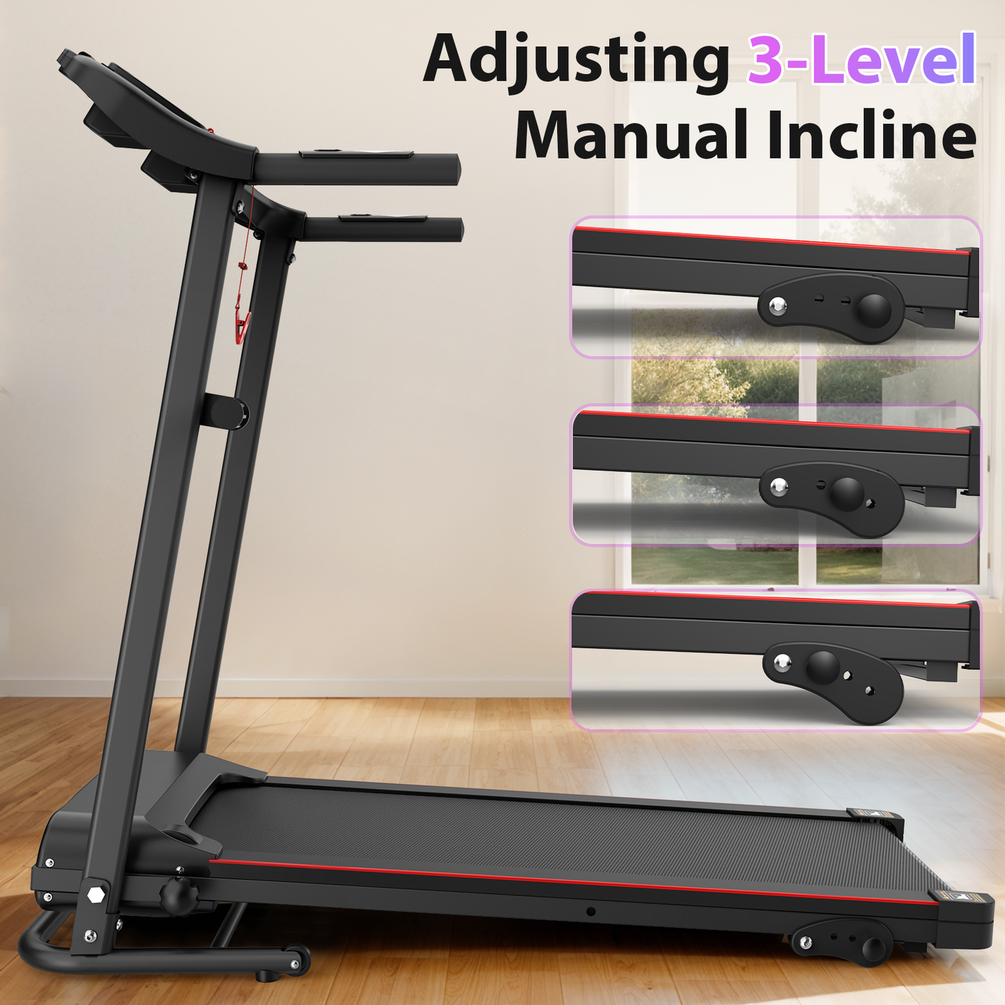 Foldable Treadmill with 3-Level Incline & Bluetooth Music – Space-Saving Design, 2.5HP Motor, 265LBS Capacity, 12 Preset Programs for Home Gym