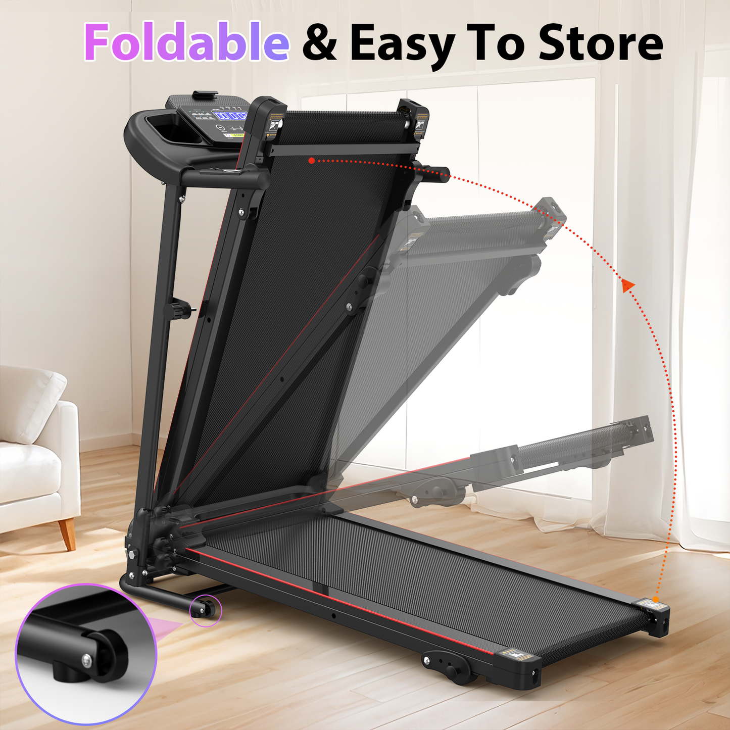 Foldable Treadmill with 3-Level Incline & Bluetooth Music – Space-Saving Design, 2.5HP Motor, 265LBS Capacity, 12 Preset Programs for Home Gym