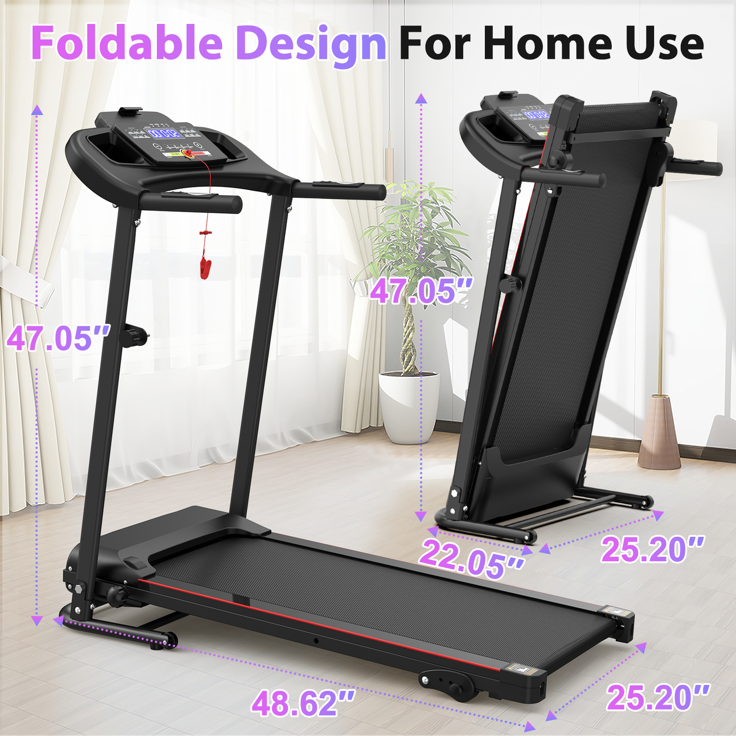 Foldable Treadmill with 3-Level Incline & Bluetooth Music – Space-Saving Design, 2.5HP Motor, 265LBS Capacity, 12 Preset Programs for Home Gym