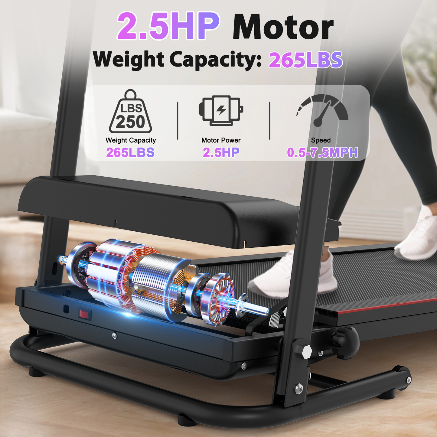 Foldable Treadmill with 3-Level Incline & Bluetooth Music – Space-Saving Design, 2.5HP Motor, 265LBS Capacity, 12 Preset Programs for Home Gym