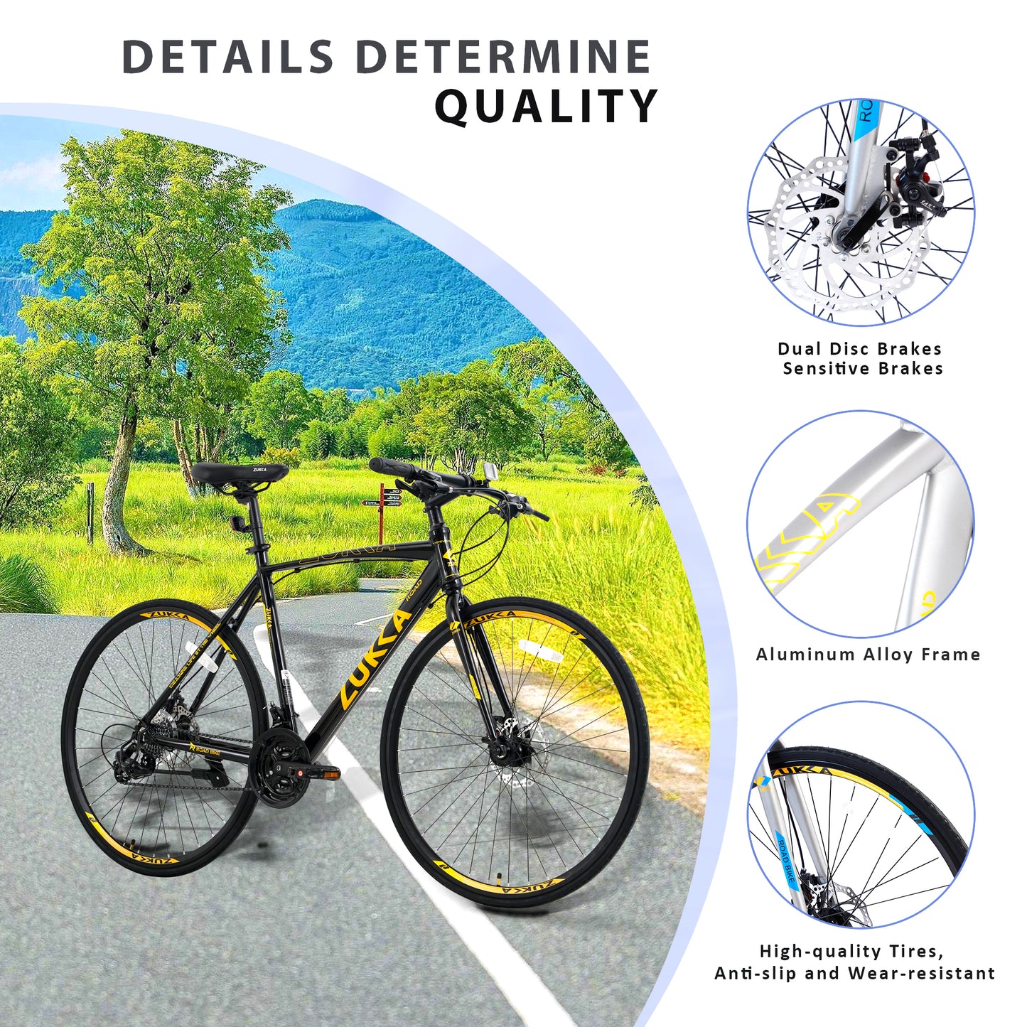 24-Speed Hybrid Disc Brake Road Bike, 700C Light weight Aluminum City Commuter Bicycle for Men & Women - Black
