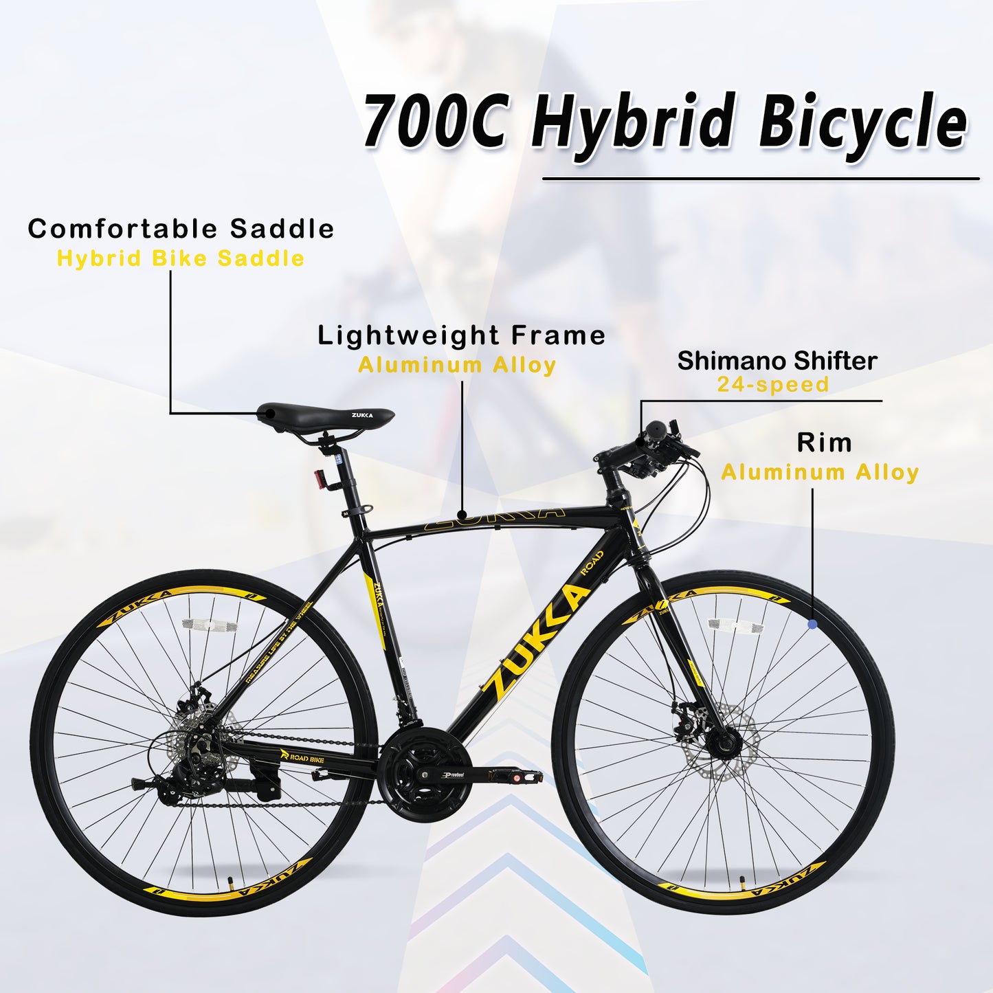 24-Speed Hybrid Disc Brake Road Bike, 700C Light weight Aluminum City Commuter Bicycle for Men & Women - Black