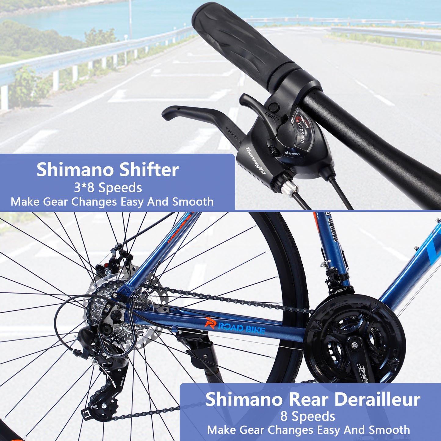 24-Speed Hybrid Disc Brake Road Bike, 700C Light weight Aluminum City Commuter Bicycle for Men & Women - Blue