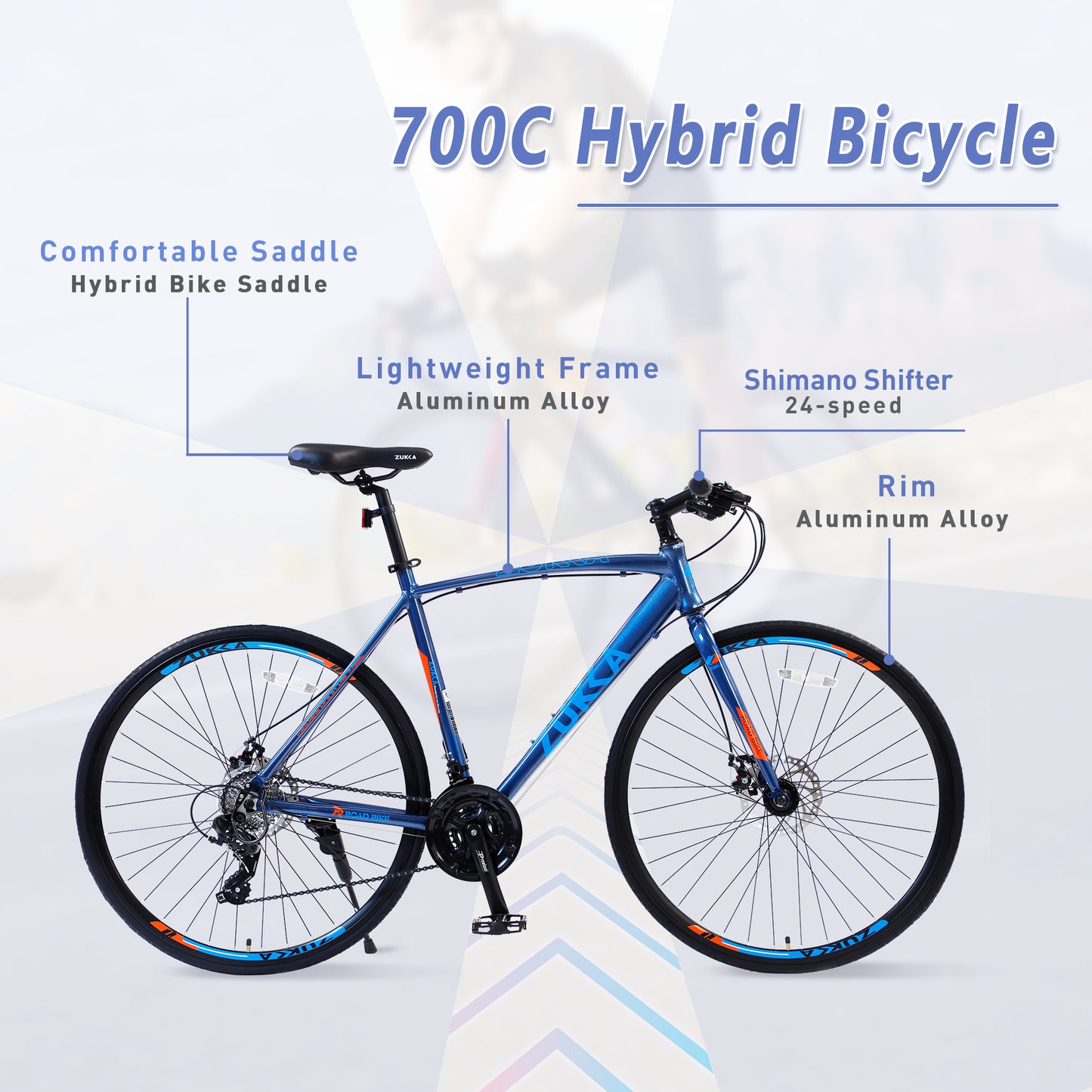 24-Speed Hybrid Disc Brake Road Bike, 700C Light weight Aluminum City Commuter Bicycle for Men & Women - Blue