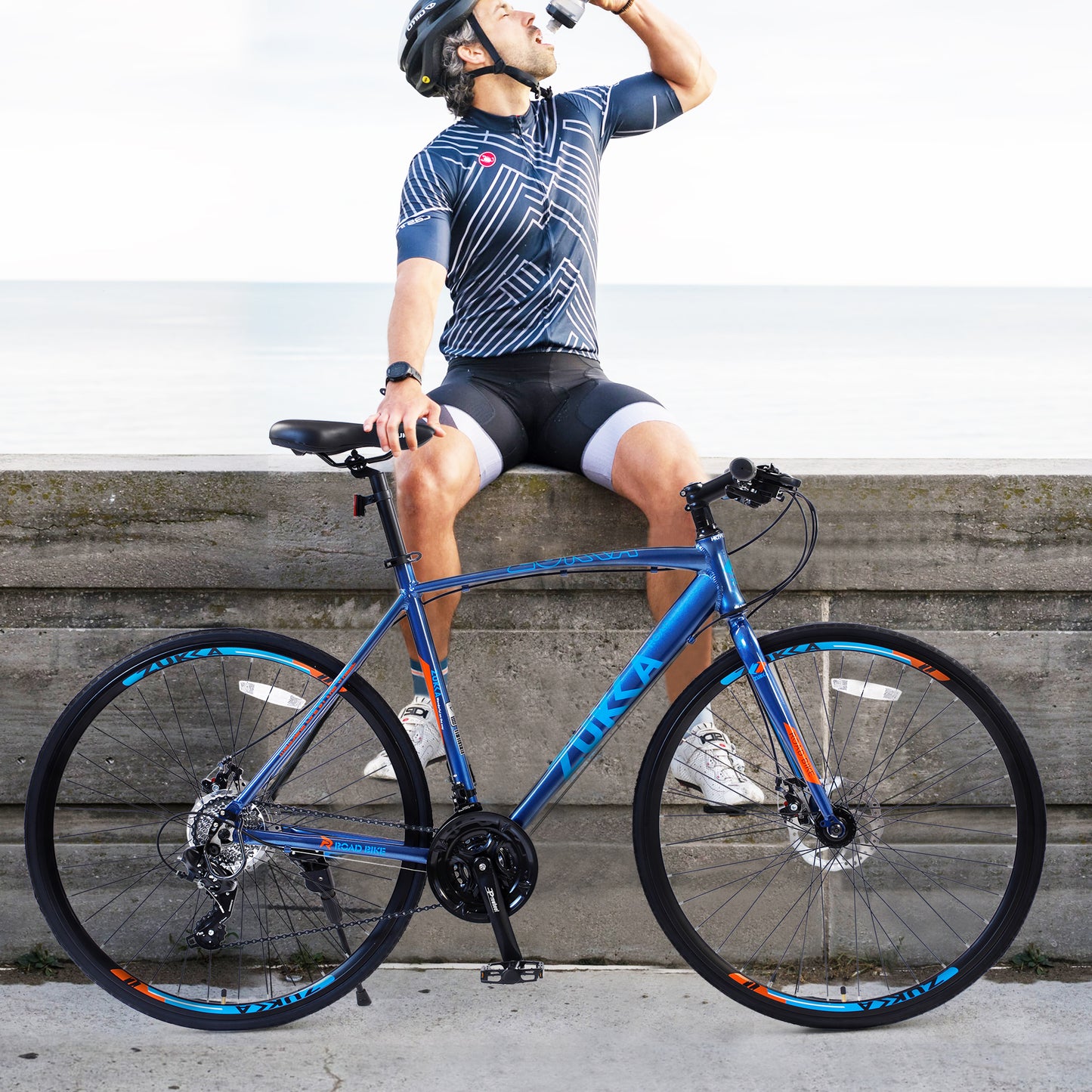 24-Speed Hybrid Disc Brake Road Bike, 700C Light weight Aluminum City Commuter Bicycle for Men & Women - Blue