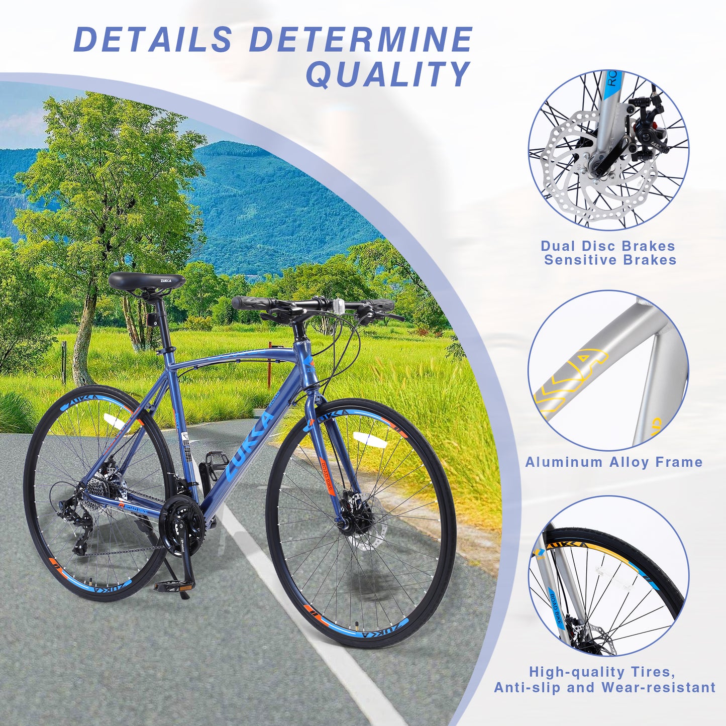 24-Speed Hybrid Disc Brake Road Bike, 700C Light weight Aluminum City Commuter Bicycle for Men & Women - Blue