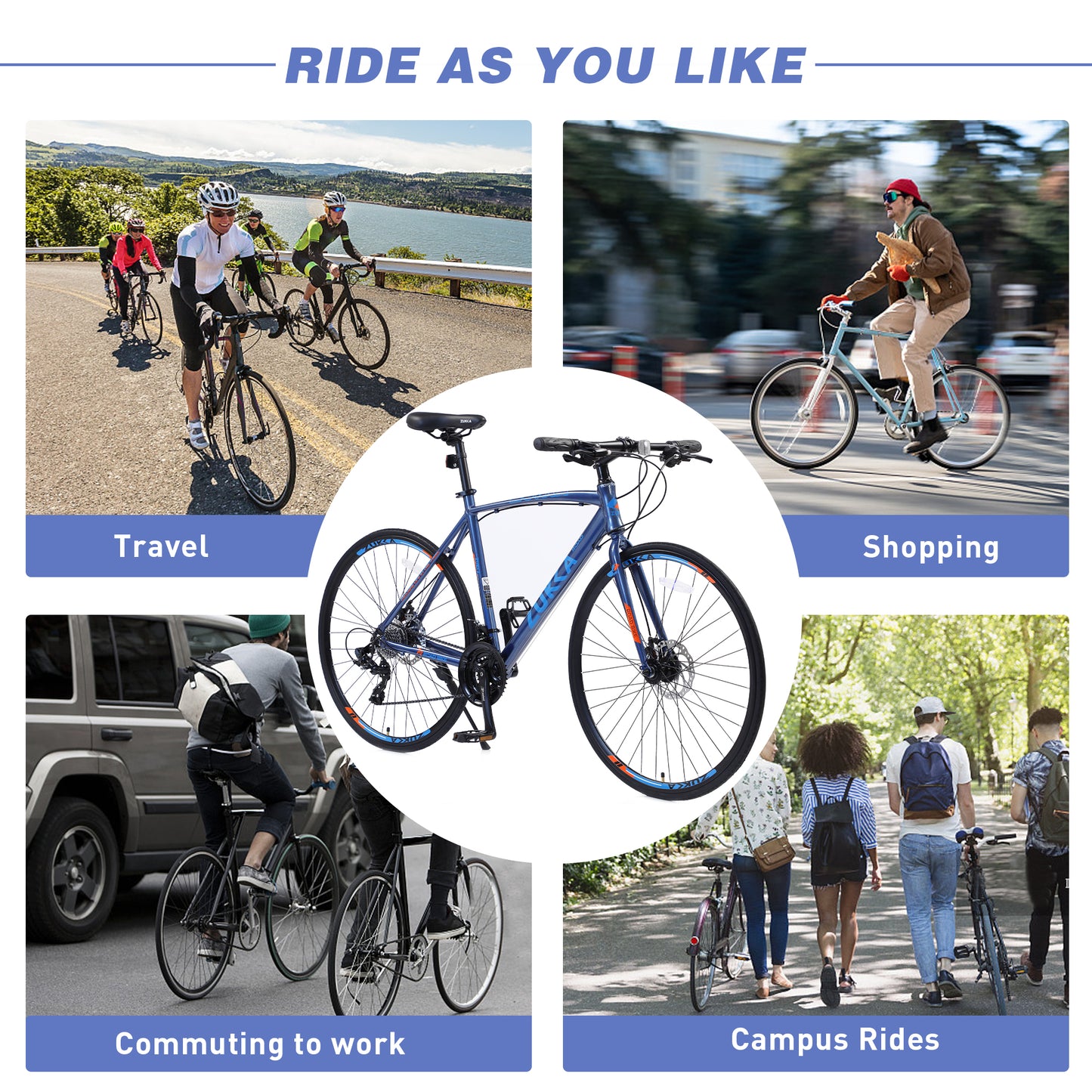 24-Speed Hybrid Disc Brake Road Bike, 700C Light weight Aluminum City Commuter Bicycle for Men & Women - Blue