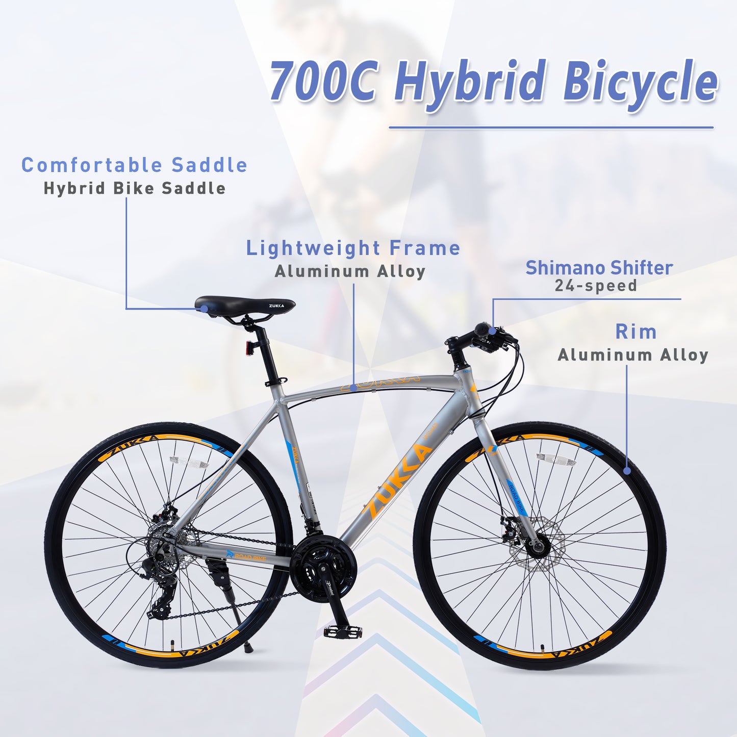 24-Speed Hybrid Disc Brake Road Bike, 700C Light weight Aluminum City Commuter Bicycle for Men & Women - Silver