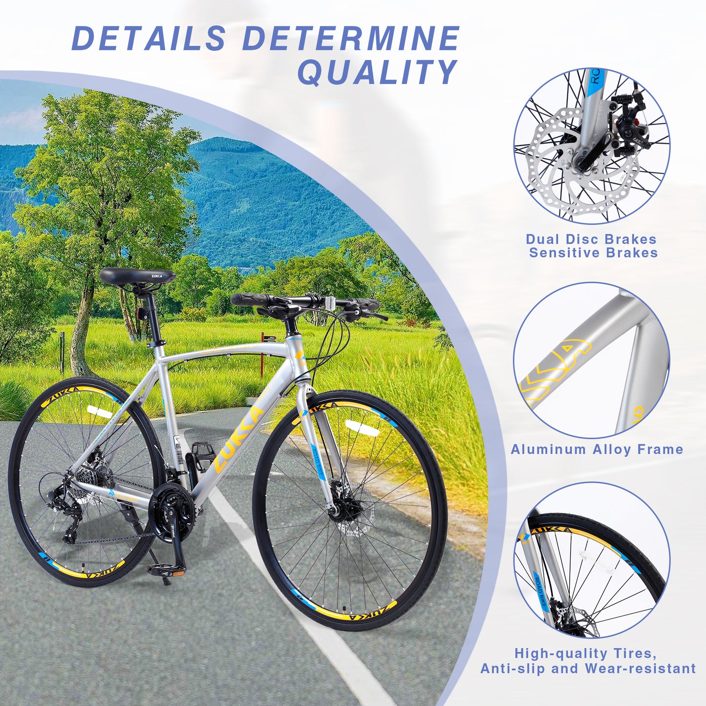 24-Speed Hybrid Disc Brake Road Bike, 700C Light weight Aluminum City Commuter Bicycle for Men & Women - Silver