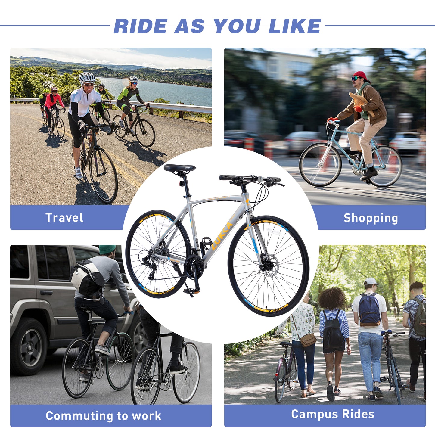 24-Speed Hybrid Disc Brake Road Bike, 700C Light weight Aluminum City Commuter Bicycle for Men & Women - Silver