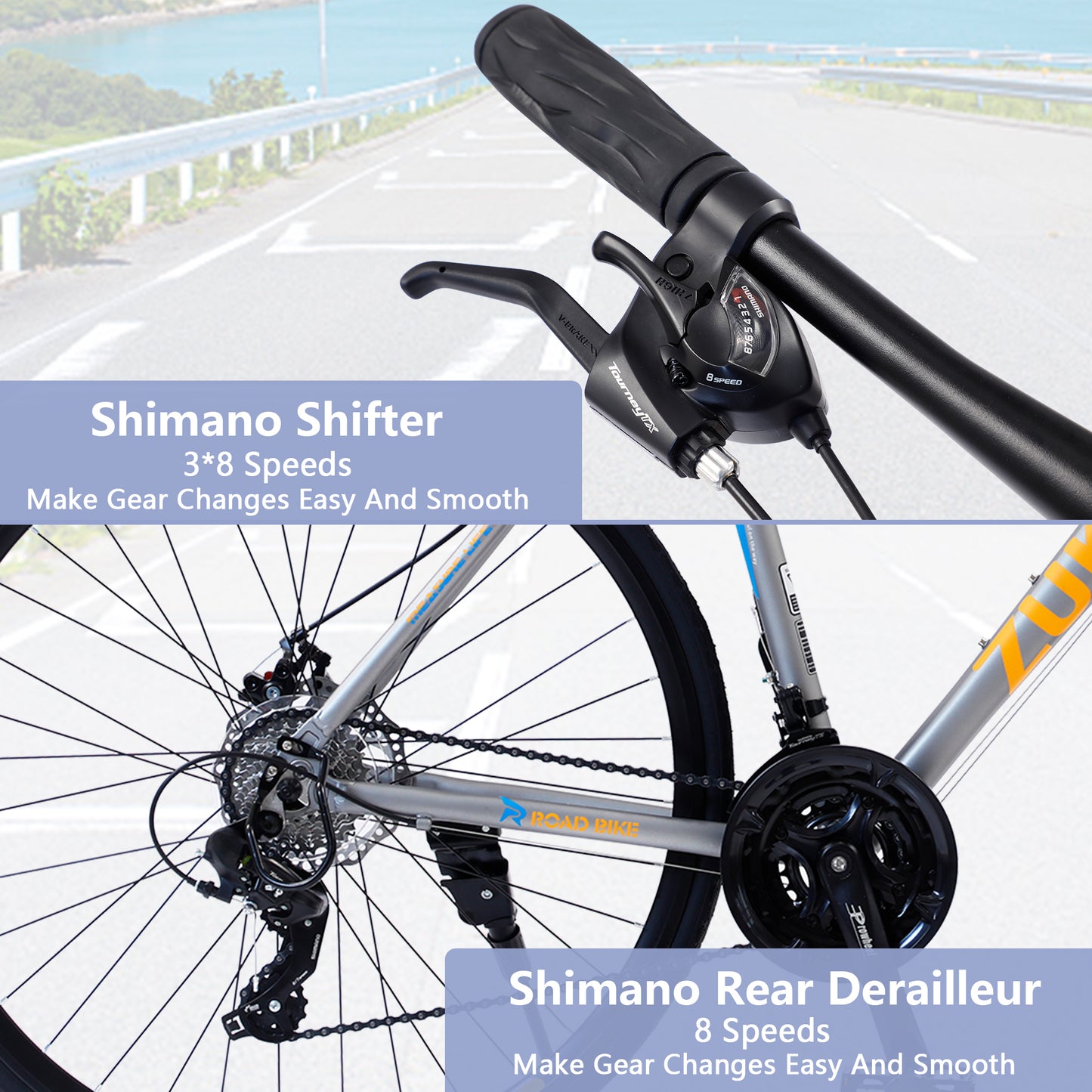 24-Speed Hybrid Disc Brake Road Bike, 700C Light weight Aluminum City Commuter Bicycle for Men & Women - Silver