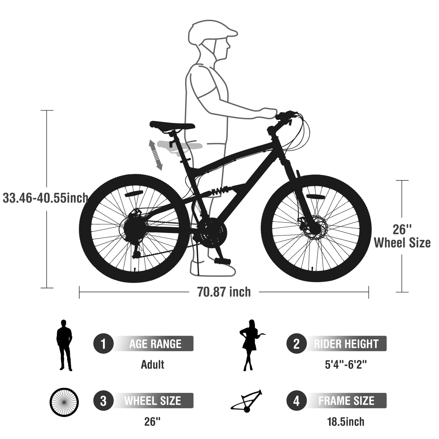 26 Inch Aluminum Alloy Mountain Bike for Men & Women - 21-Speed Gears, Dual Suspension, All-Terrain Tires, Front/Rear Disc Brakes (Black))