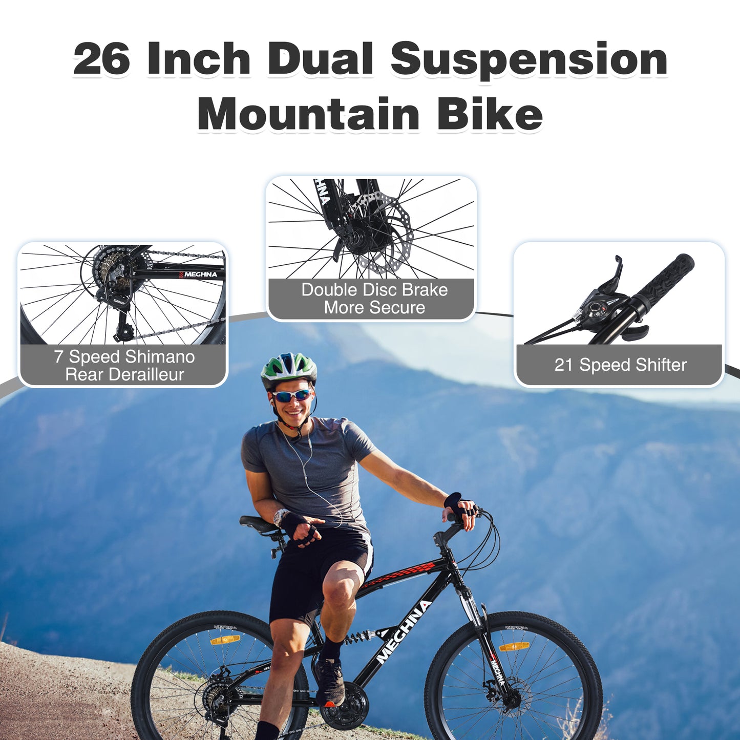 26 Inch Aluminum Alloy Mountain Bike for Men & Women - 21-Speed Gears, Dual Suspension, All-Terrain Tires, Front/Rear Disc Brakes (Black))