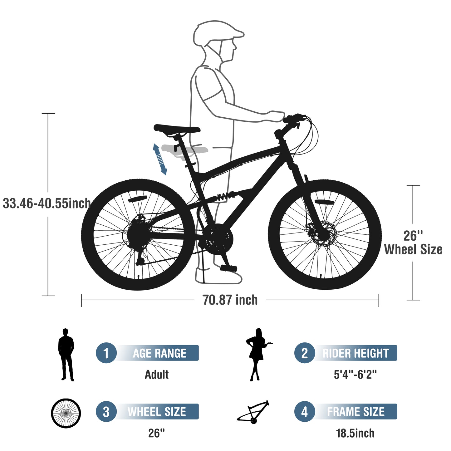 26 Inch Aluminum Alloy Mountain Bike for Men & Women - 21-Speed Gears, Dual Suspension, All-Terrain Tires, Front/Rear Disc Brakes (Blue)