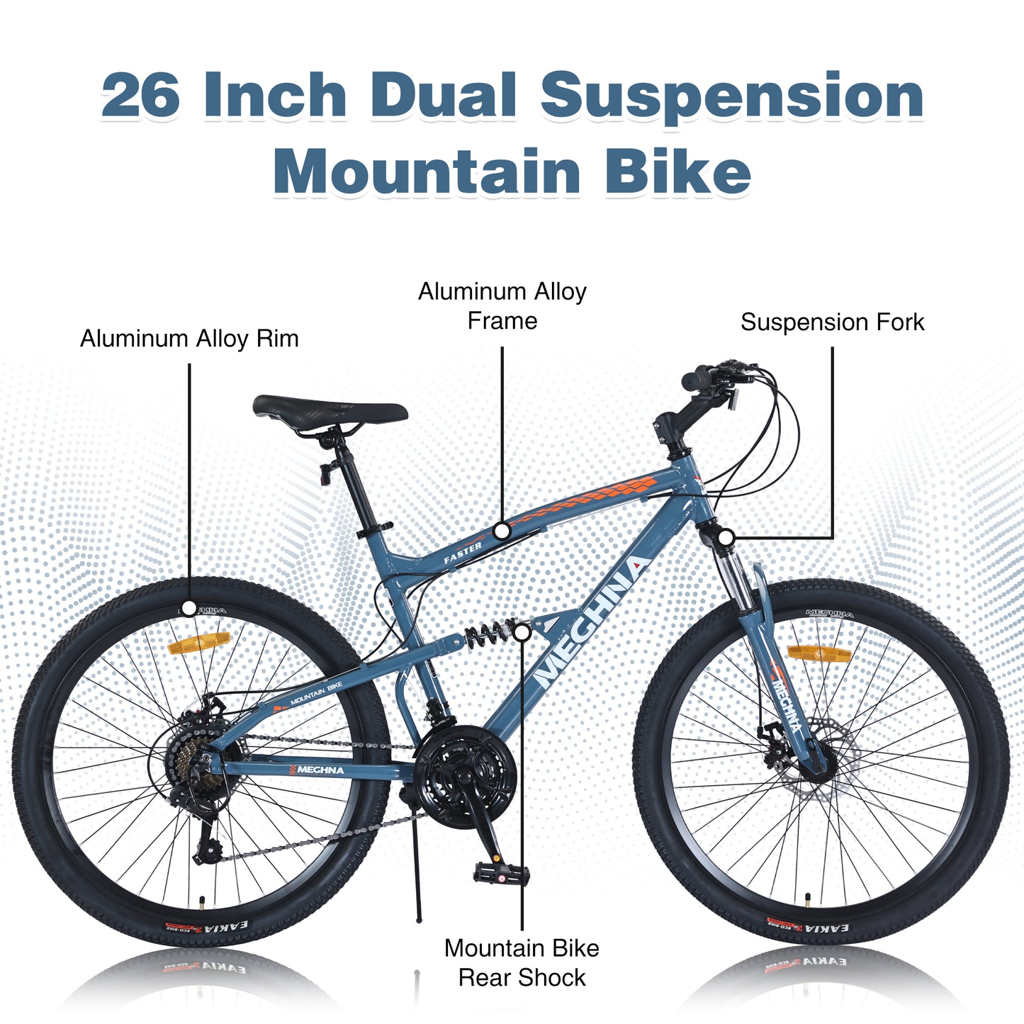 26 Inch Aluminum Alloy Mountain Bike for Men & Women - 21-Speed Gears, Dual Suspension, All-Terrain Tires, Front/Rear Disc Brakes (Blue)