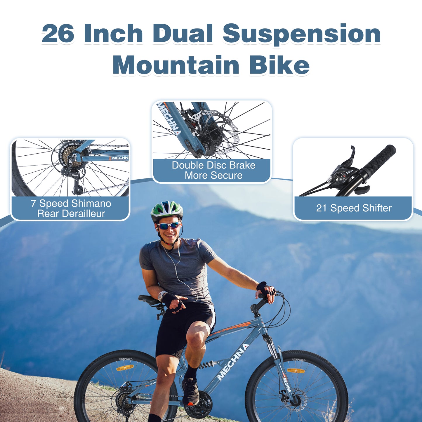 26 Inch Aluminum Alloy Mountain Bike for Men & Women - 21-Speed Gears, Dual Suspension, All-Terrain Tires, Front/Rear Disc Brakes (Blue)