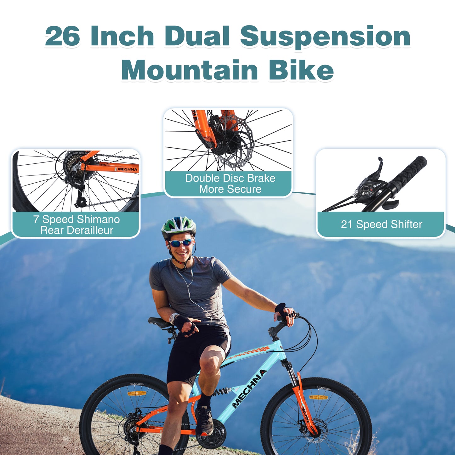 26 Inch Aluminum Alloy Mountain Bike for Men & Women - 21-Speed Dual Suspension, All-Terrain Tires, Front/Rear Disc Brakes (Cyan)