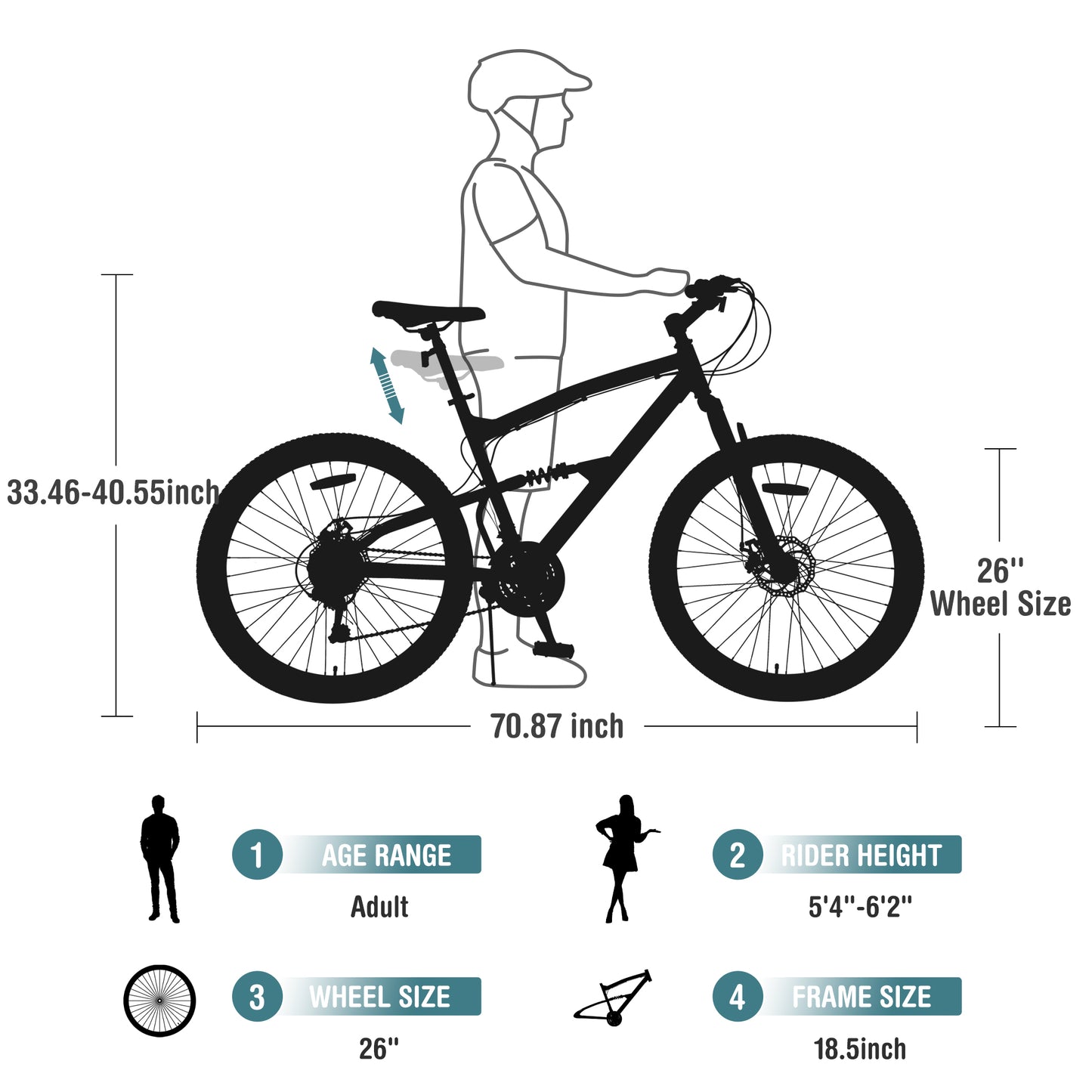 26 Inch Aluminum Alloy Mountain Bike for Men & Women - 21-Speed Dual Suspension, All-Terrain Tires, Front/Rear Disc Brakes (Cyan)