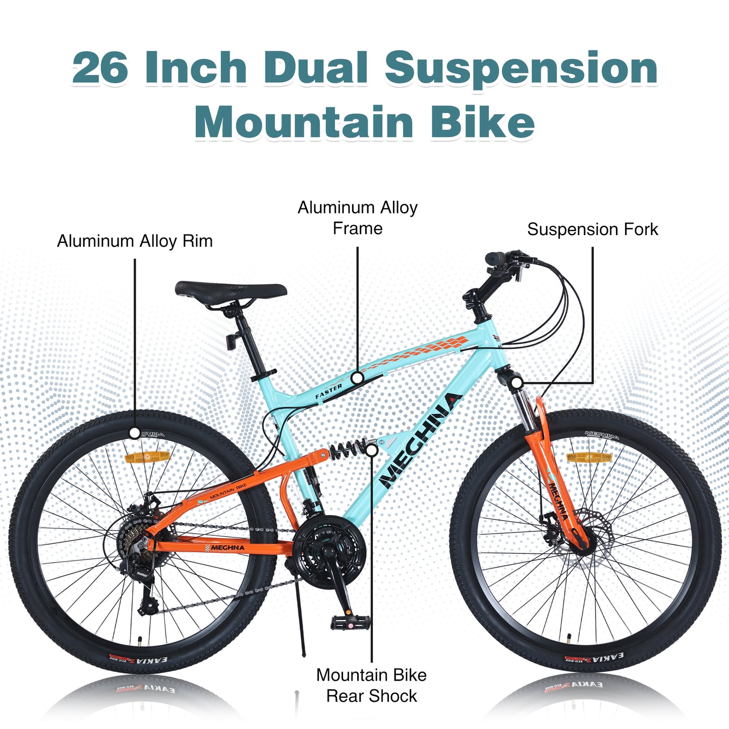 26 Inch Aluminum Alloy Mountain Bike for Men & Women - 21-Speed Dual Suspension, All-Terrain Tires, Front/Rear Disc Brakes (Cyan)