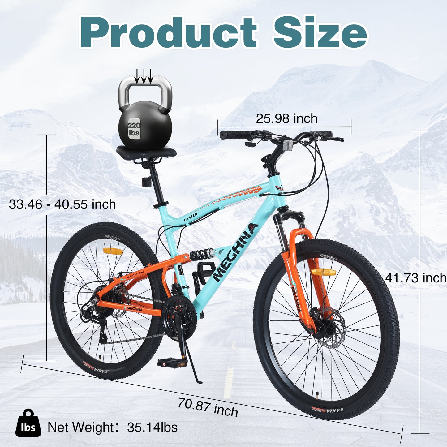26 Inch Aluminum Alloy Mountain Bike for Men & Women - 21-Speed Dual Suspension, All-Terrain Tires, Front/Rear Disc Brakes (Cyan)