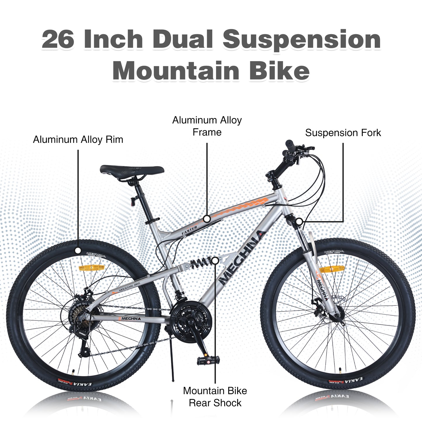 26 Inch Aluminum Alloy Mountain Bike for Men & Women - 21-Speed Gears, Dual Suspension, All-Terrain Tires, Front/Rear Disc Brakes (Silver)