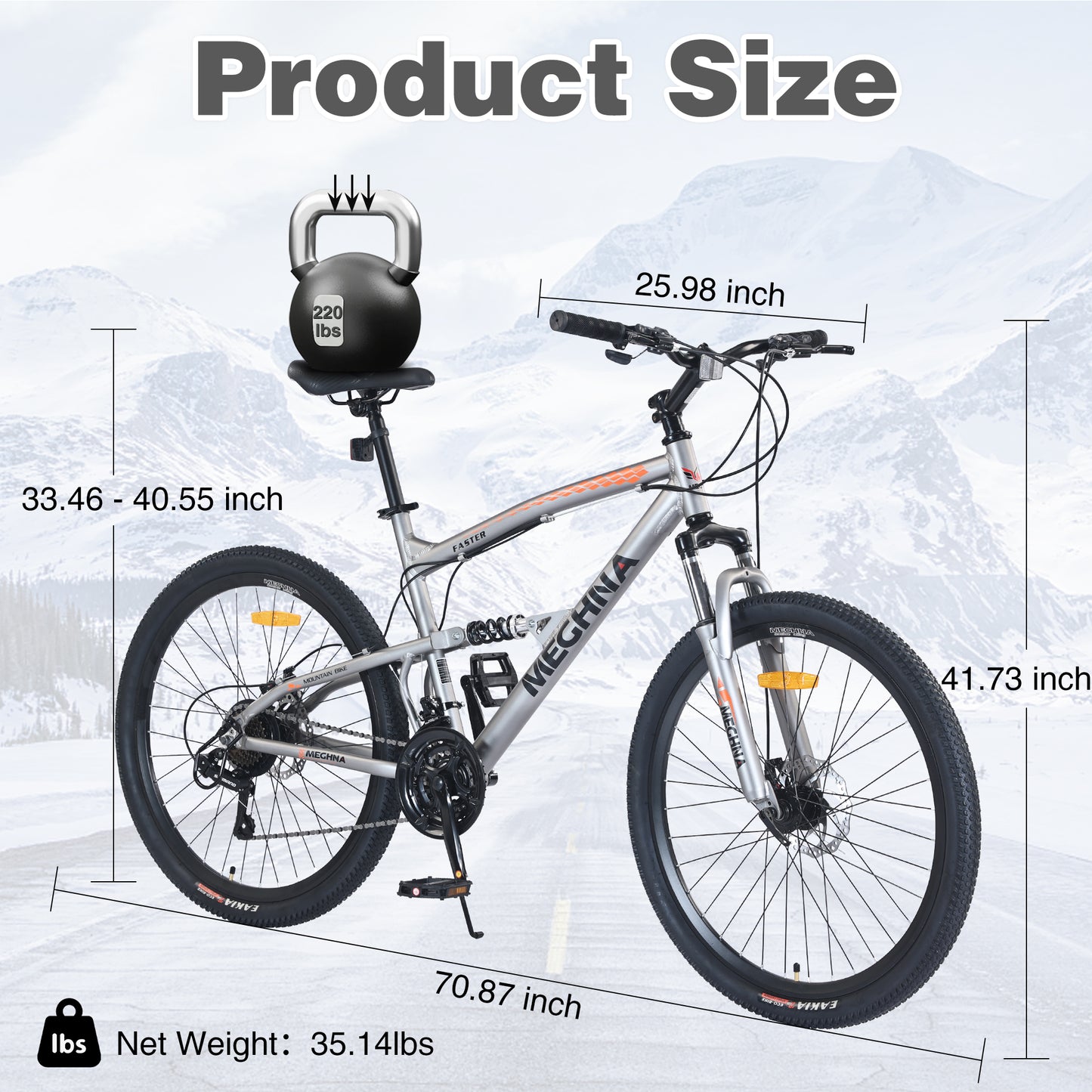 26 Inch Aluminum Alloy Mountain Bike for Men & Women - 21-Speed Gears, Dual Suspension, All-Terrain Tires, Front/Rear Disc Brakes (Silver)