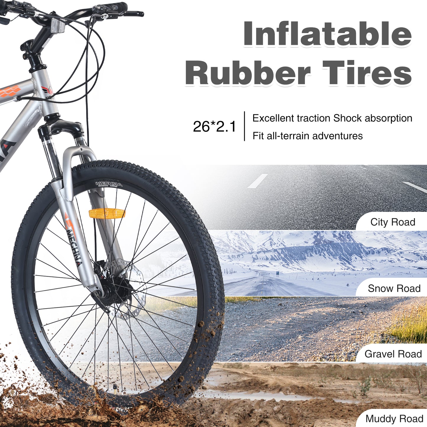 26 Inch Aluminum Alloy Mountain Bike for Men & Women - 21-Speed Gears, Dual Suspension, All-Terrain Tires, Front/Rear Disc Brakes (Silver)