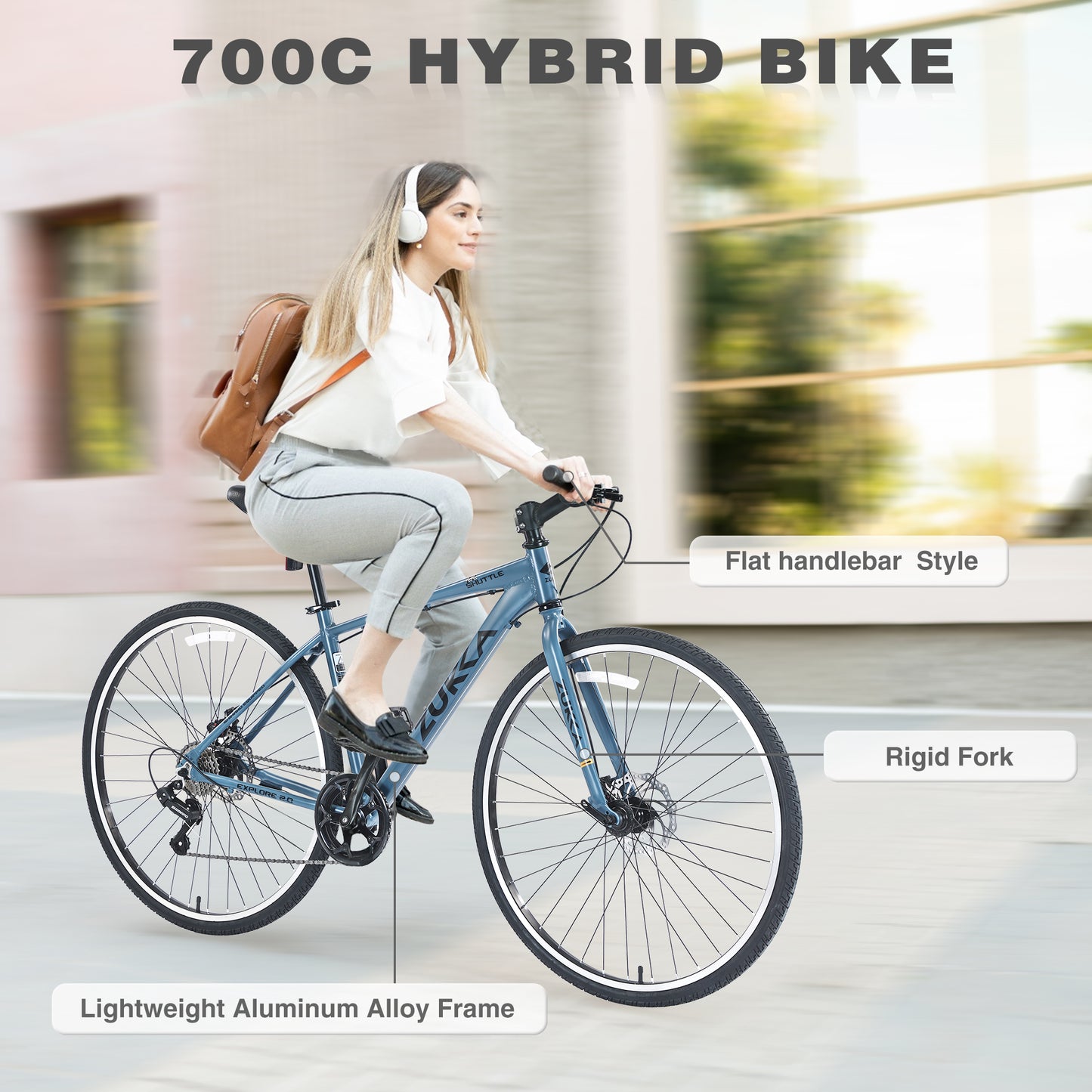 7-Speed Aluminum Hybrid Commuter Bike - 700C Light weight Frame, Dual Disc Brakes, Pre-Assembled City Road Bicycle for Men & Women - Blue Gray