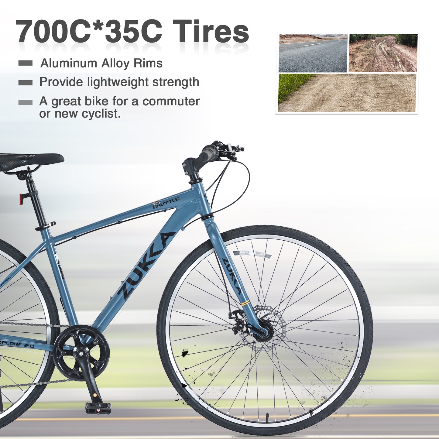 7-Speed Aluminum Hybrid Commuter Bike - 700C Light weight Frame, Dual Disc Brakes, Pre-Assembled City Road Bicycle for Men & Women - Blue Gray