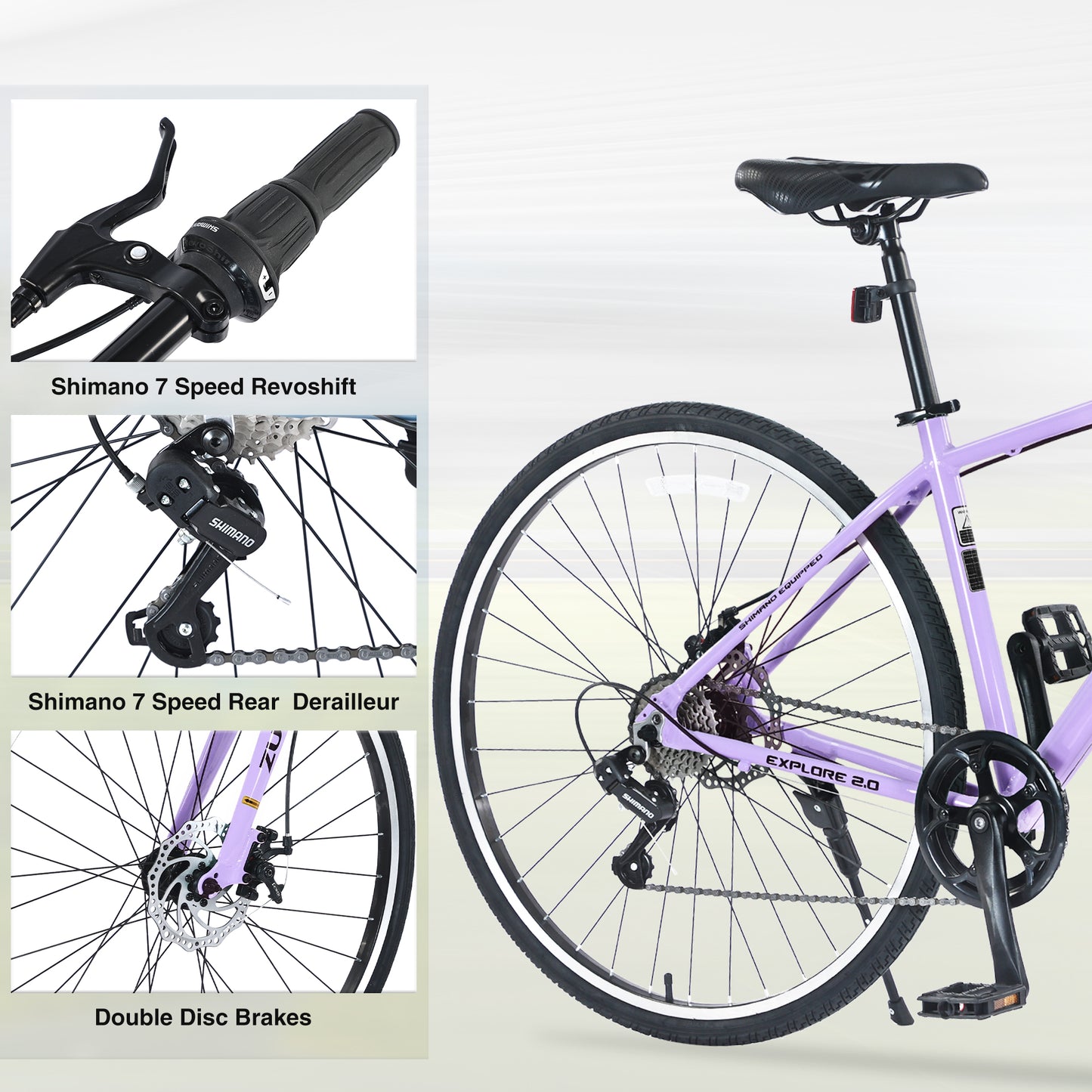 7-Speed Aluminum Hybrid Commuter Bike - 700C Light weight Frame, Dual Disc Brakes, Pre-Assembled City Road Bicycle for Men & Women - Purple