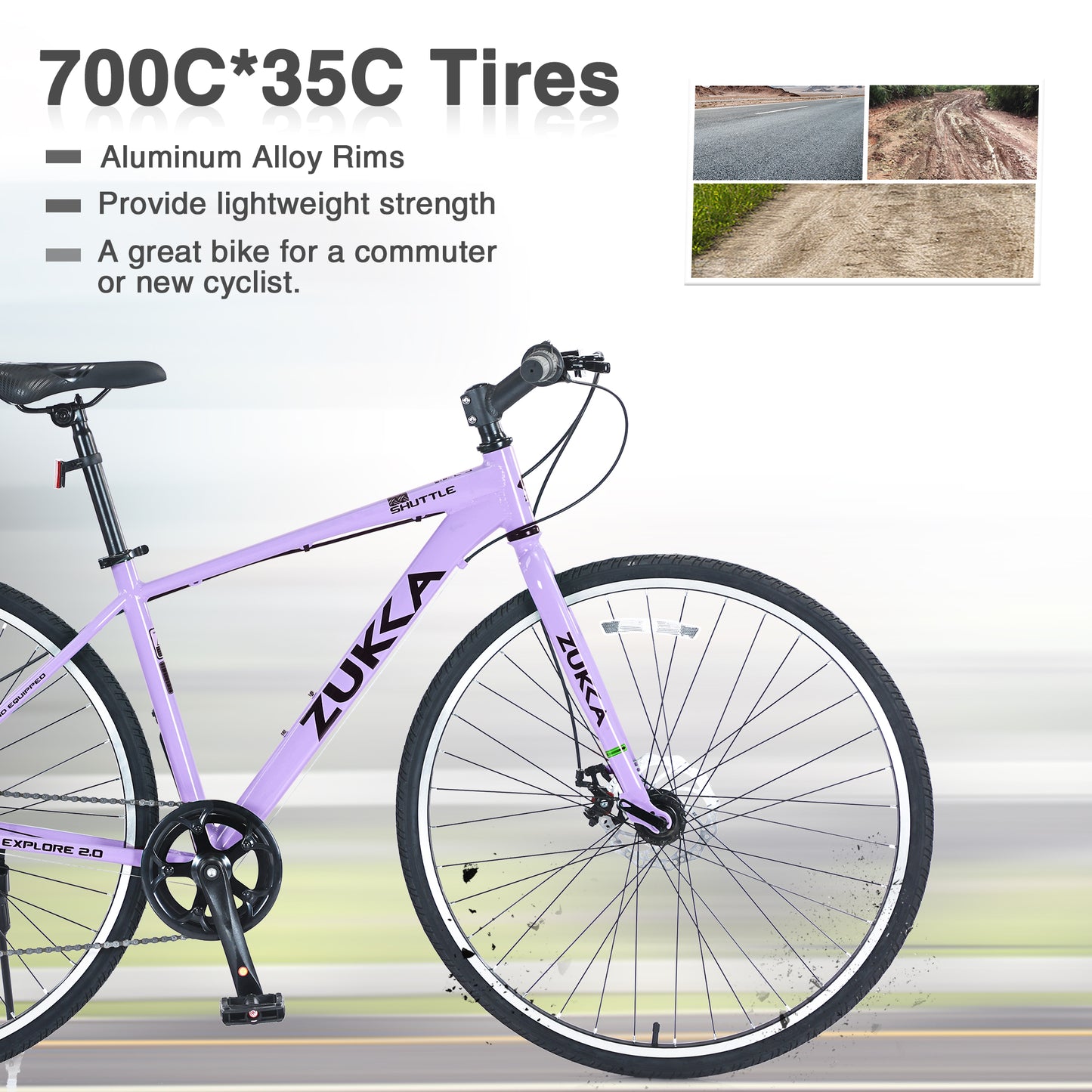 7-Speed Aluminum Hybrid Commuter Bike - 700C Light weight Frame, Dual Disc Brakes, Pre-Assembled City Road Bicycle for Men & Women - Purple