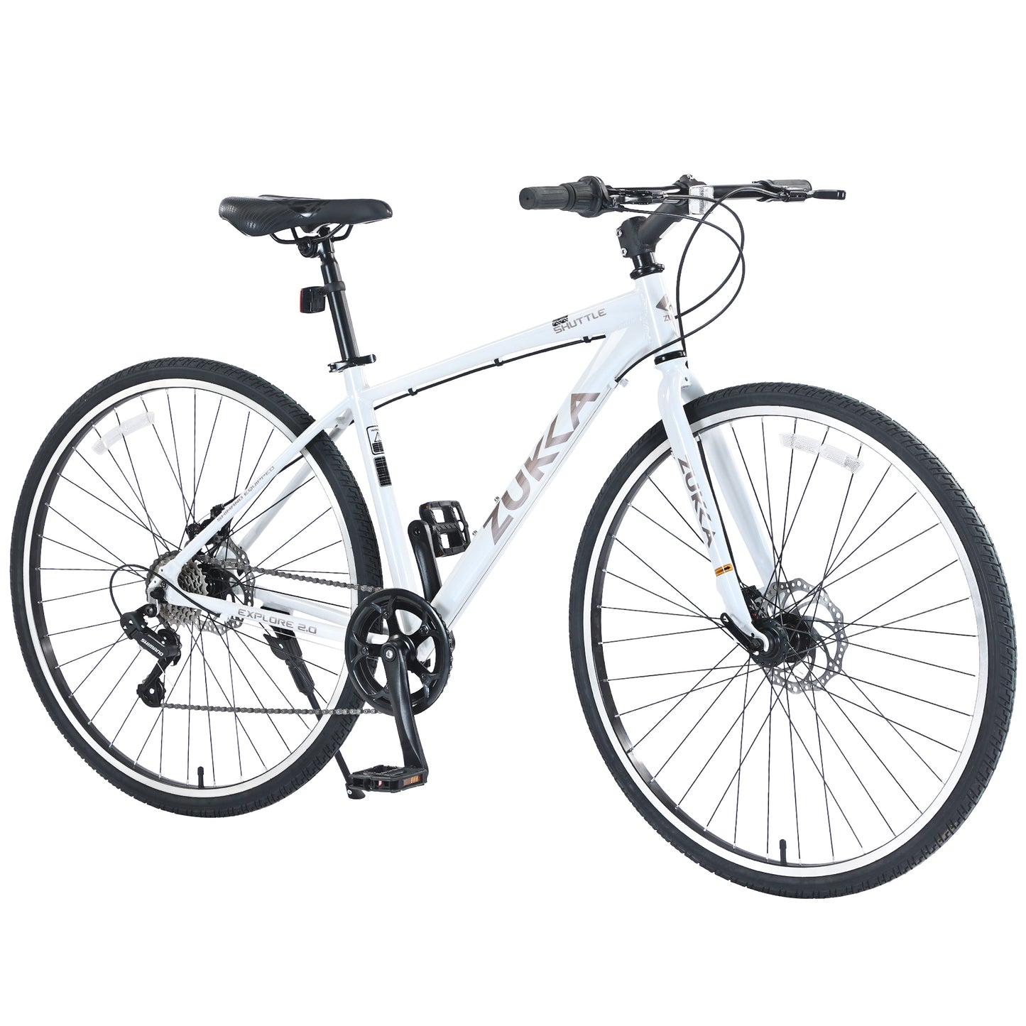7-Speed Aluminum Hybrid Commuter Bike - 700C Light weight Frame, Dual Disc Brakes, Pre-Assembled City Road Bicycle for Men & Women - White
