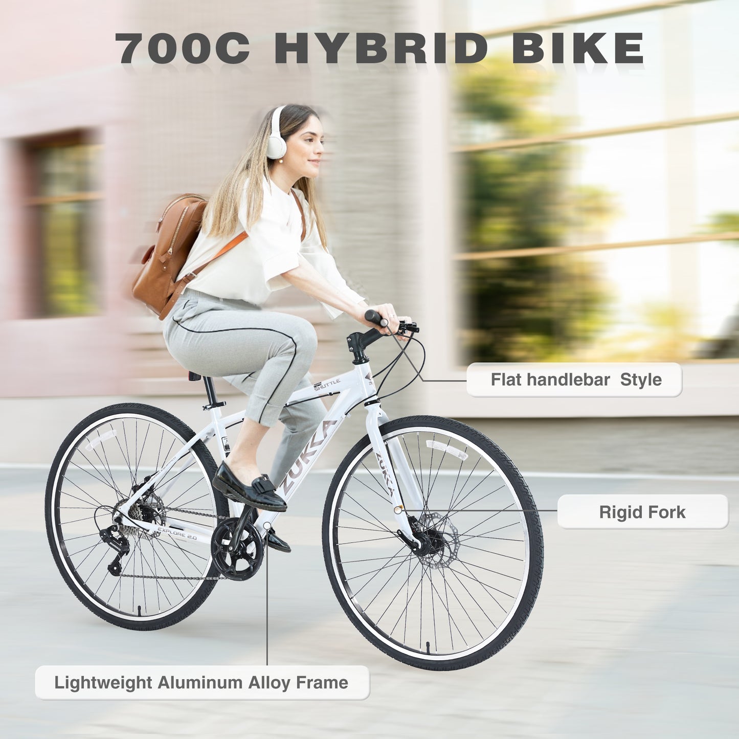 7-Speed Aluminum Hybrid Commuter Bike - 700C Light weight Frame, Dual Disc Brakes, Pre-Assembled City Road Bicycle for Men & Women - White