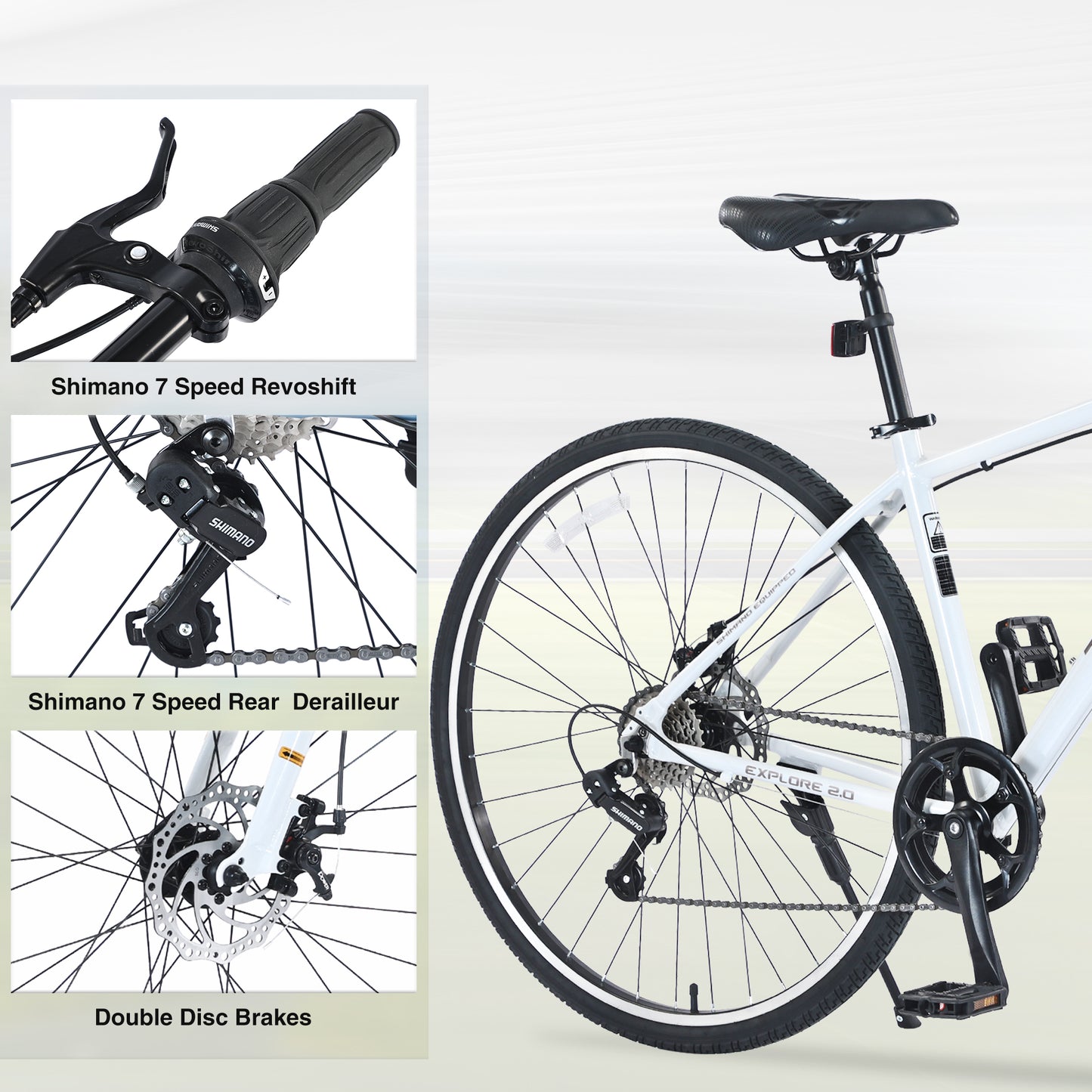 7-Speed Aluminum Hybrid Commuter Bike - 700C Light weight Frame, Dual Disc Brakes, Pre-Assembled City Road Bicycle for Men & Women - White
