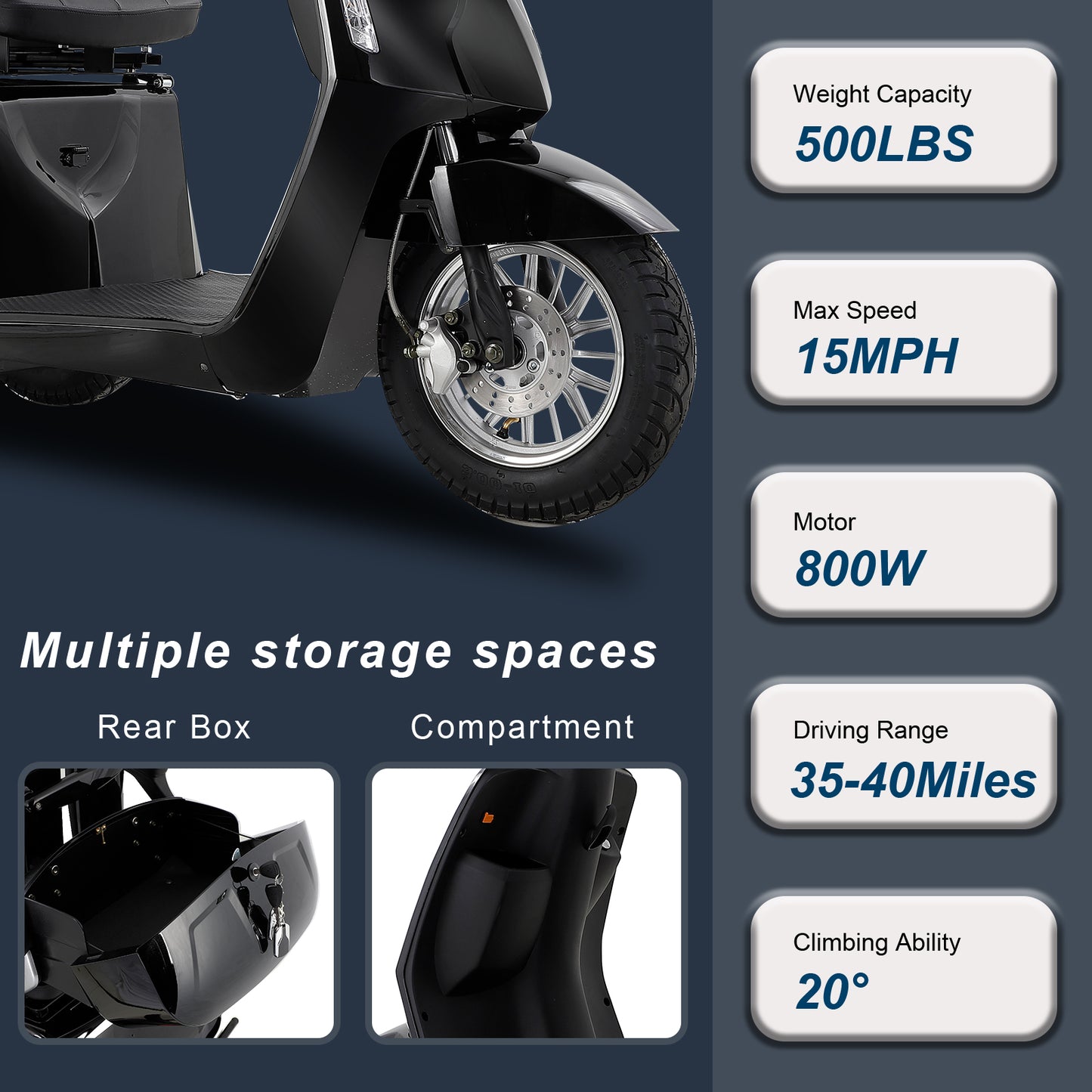 Heavy-Duty Electric Mobility Scooter for Seniors - High Power Motor, Extra-Large Seat & Anti-Theft Alarm, All-Terrain ABS+PC Scooter (Black)
