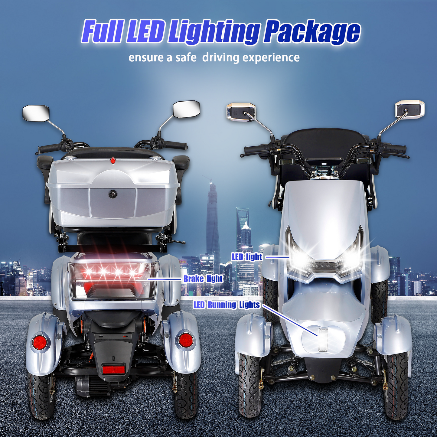 Extra-Large Electric Mobility Scooter for Seniors - High-Power Motor, Keyless Security & All-Terrain Tires, Heavy-Duty ABS+PC Frame (Silver)