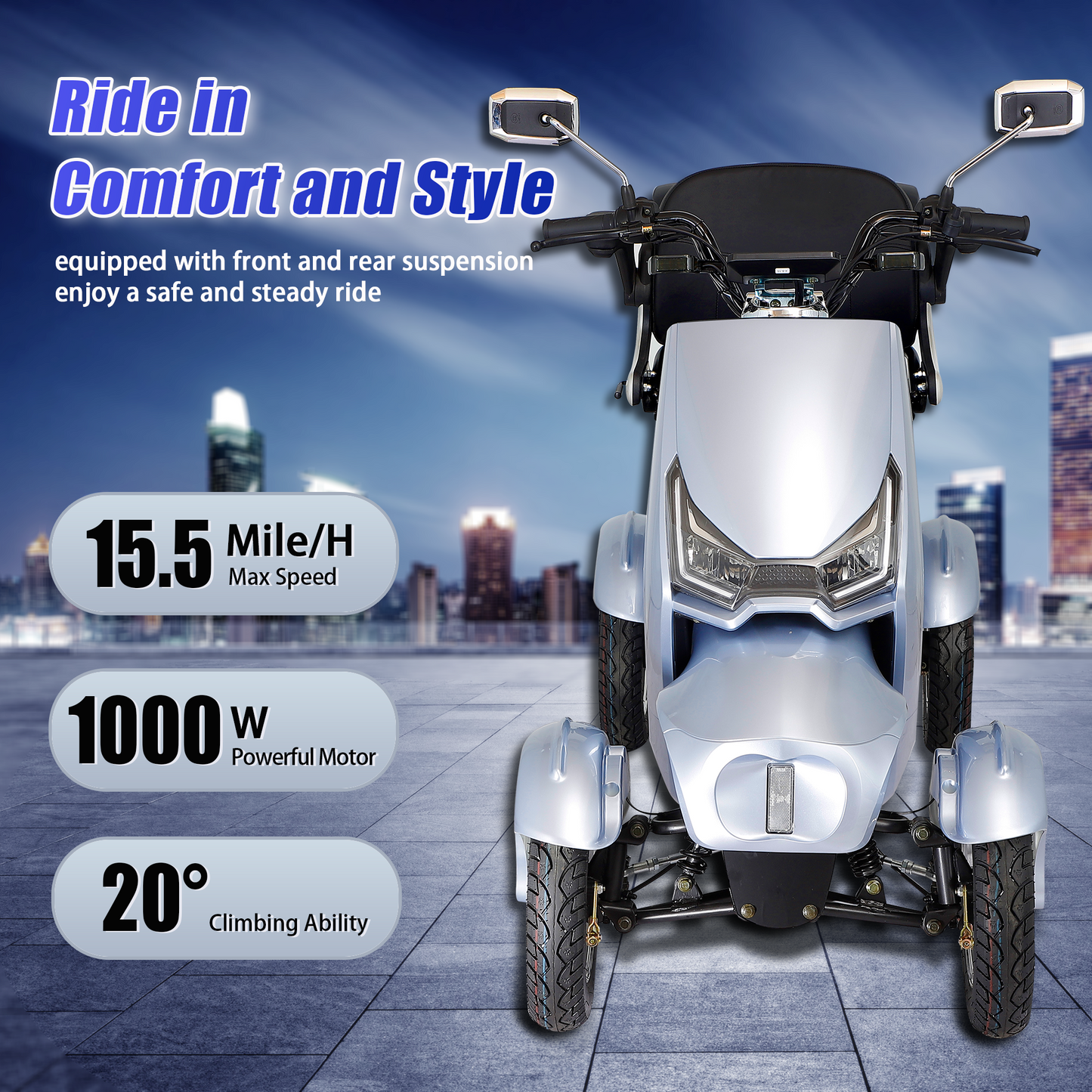 Extra-Large Electric Mobility Scooter for Seniors - High-Power Motor, Keyless Security & All-Terrain Tires, Heavy-Duty ABS+PC Frame (Silver)