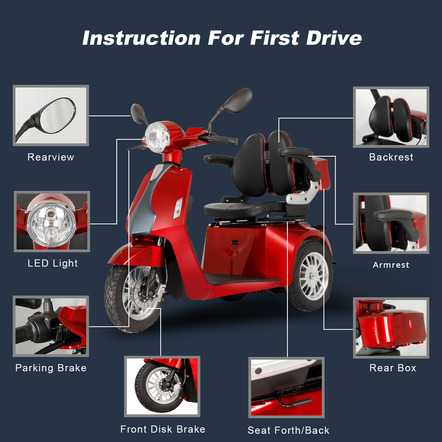 Seniors' Heavy-Duty Electric Mobility Scooter - Dual-Motor Power, Encrypted Remote Control & All-Weather Tires, 242lbs Capacity ABS+PC Frame (Red)