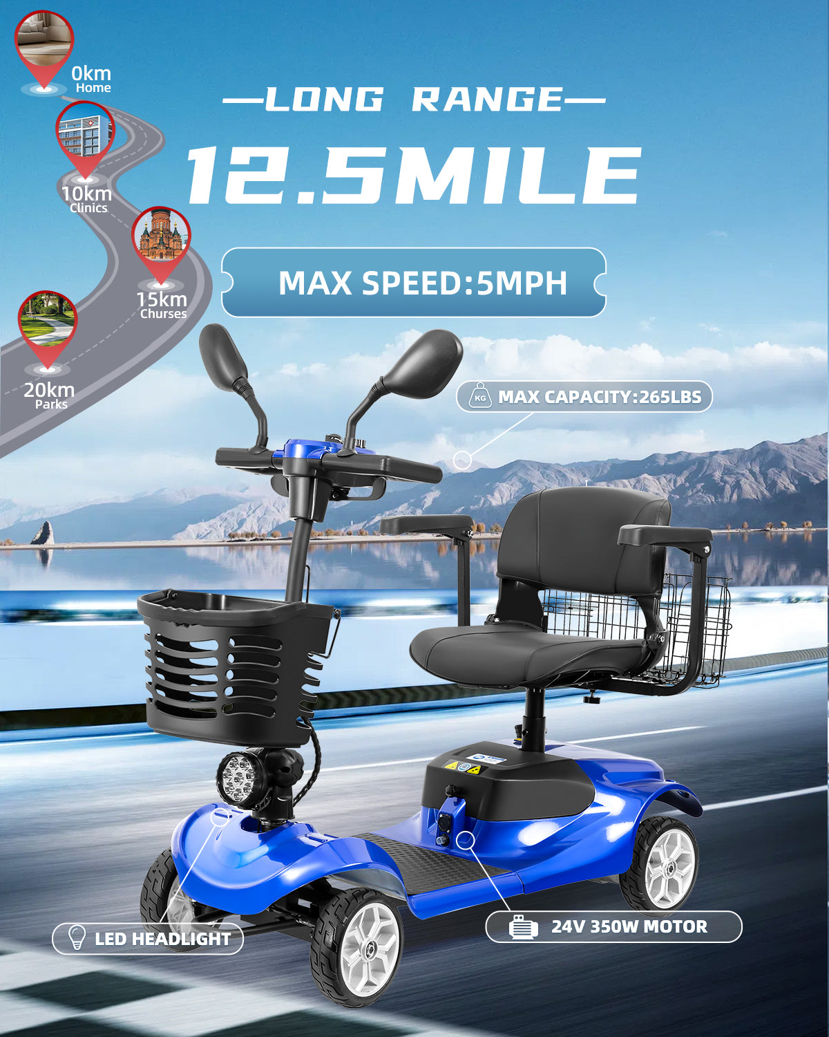 Foldable All-Terrain Mobility Scooter for Adults - 350W Motor, 12.5-Mile Range & 360° Swivel Seat | Compact 42.5"L x 20.5"W Design (Blue)