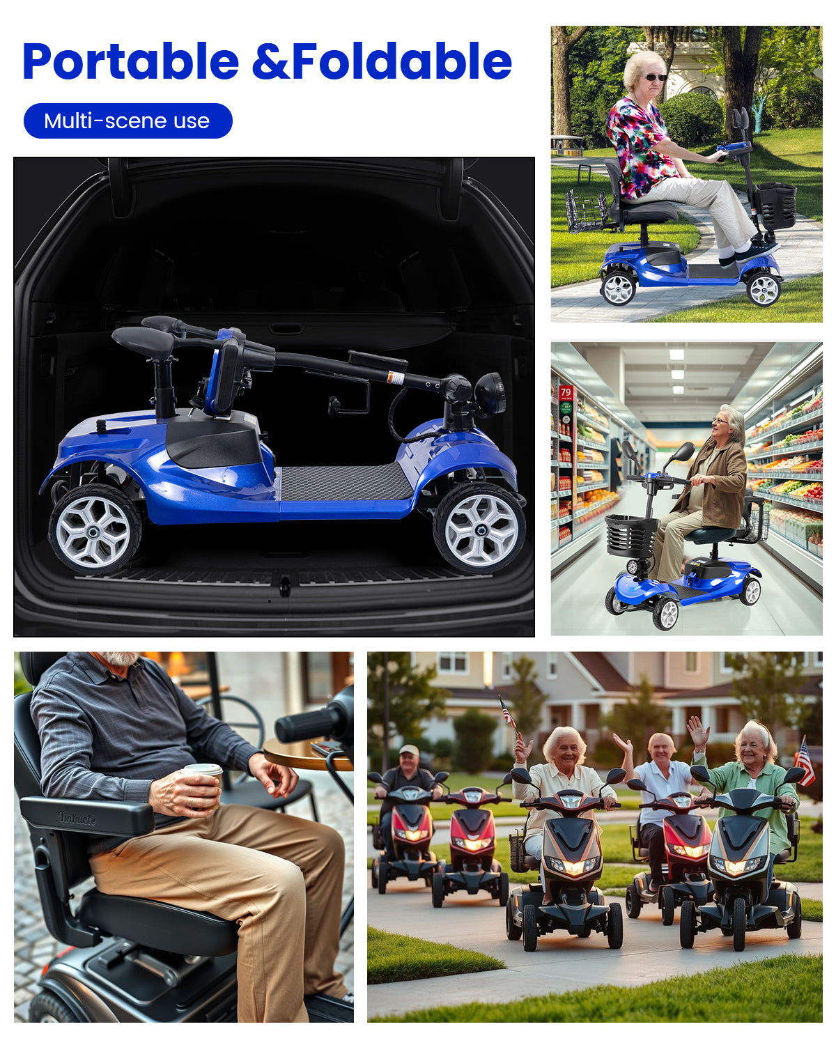 Foldable All-Terrain Mobility Scooter for Adults - 350W Motor, 12.5-Mile Range & 360° Swivel Seat | Compact 42.5"L x 20.5"W Design (Blue)