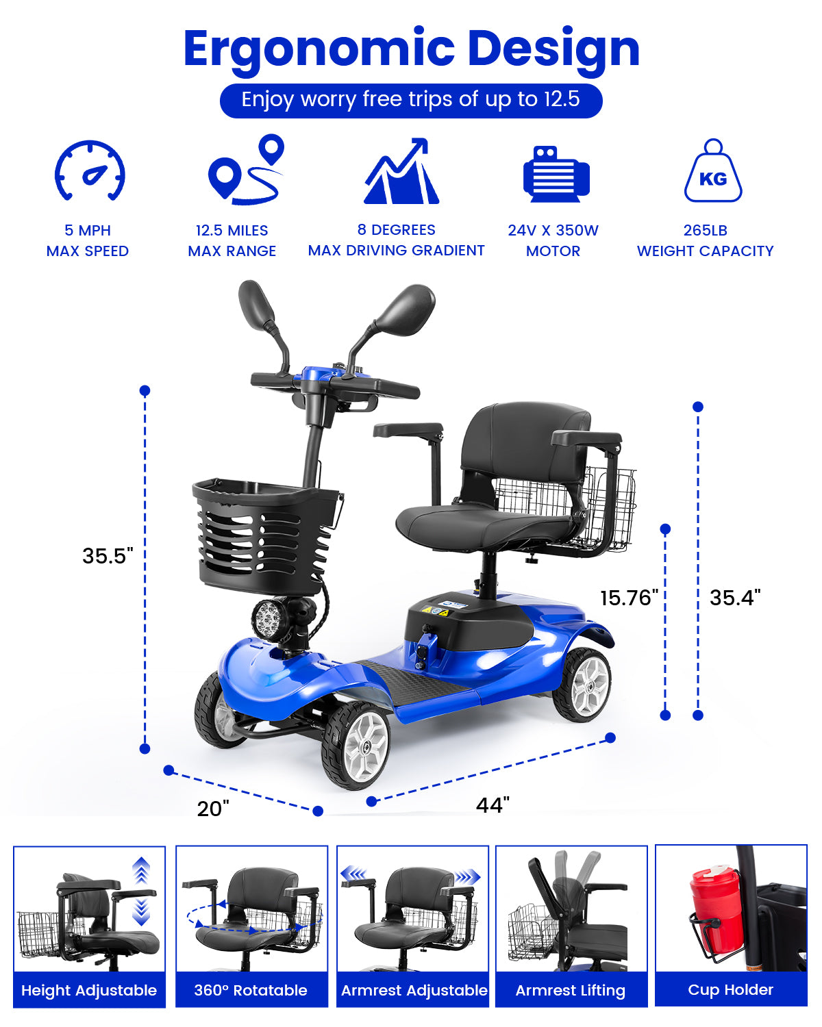 Foldable All-Terrain Mobility Scooter for Adults - 350W Motor, 12.5-Mile Range & 360° Swivel Seat | Compact 42.5"L x 20.5"W Design (Blue)