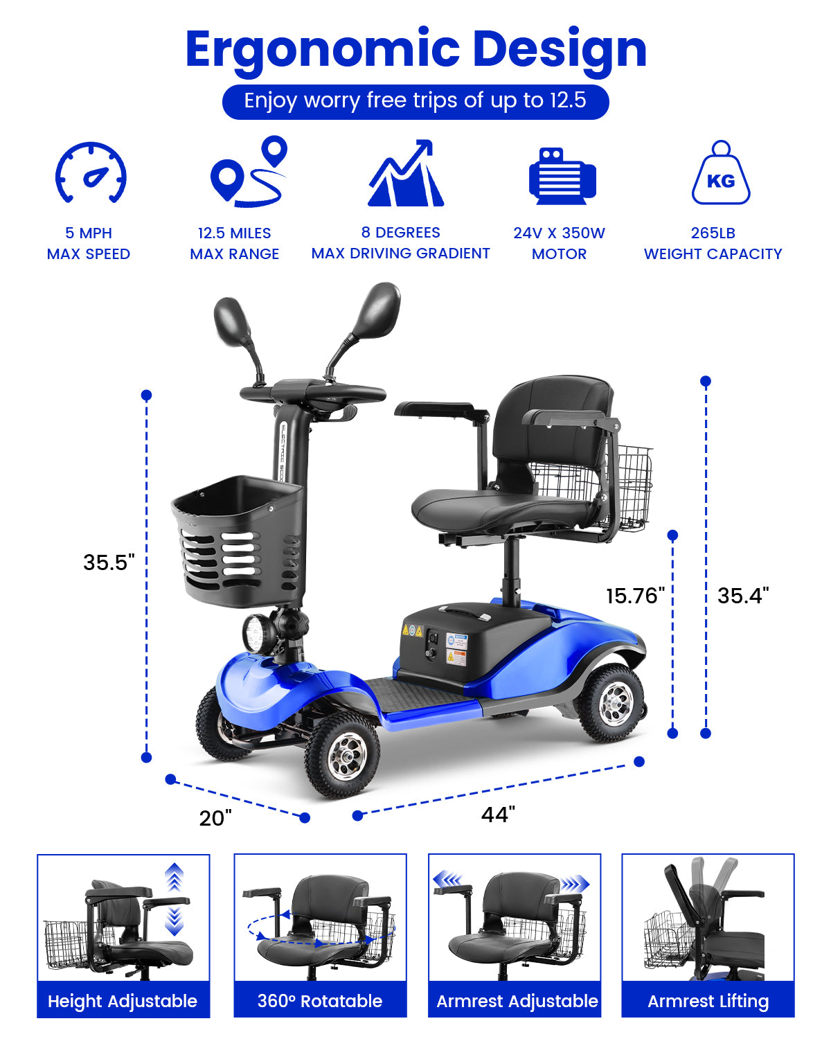 Folding Mobility Scooter for Adults - All-Terrain Electric Scooter with 350W Motor & Dual 12V20AH Batteries - Portable Collapsible Design for Seniors and Elderly-Blue