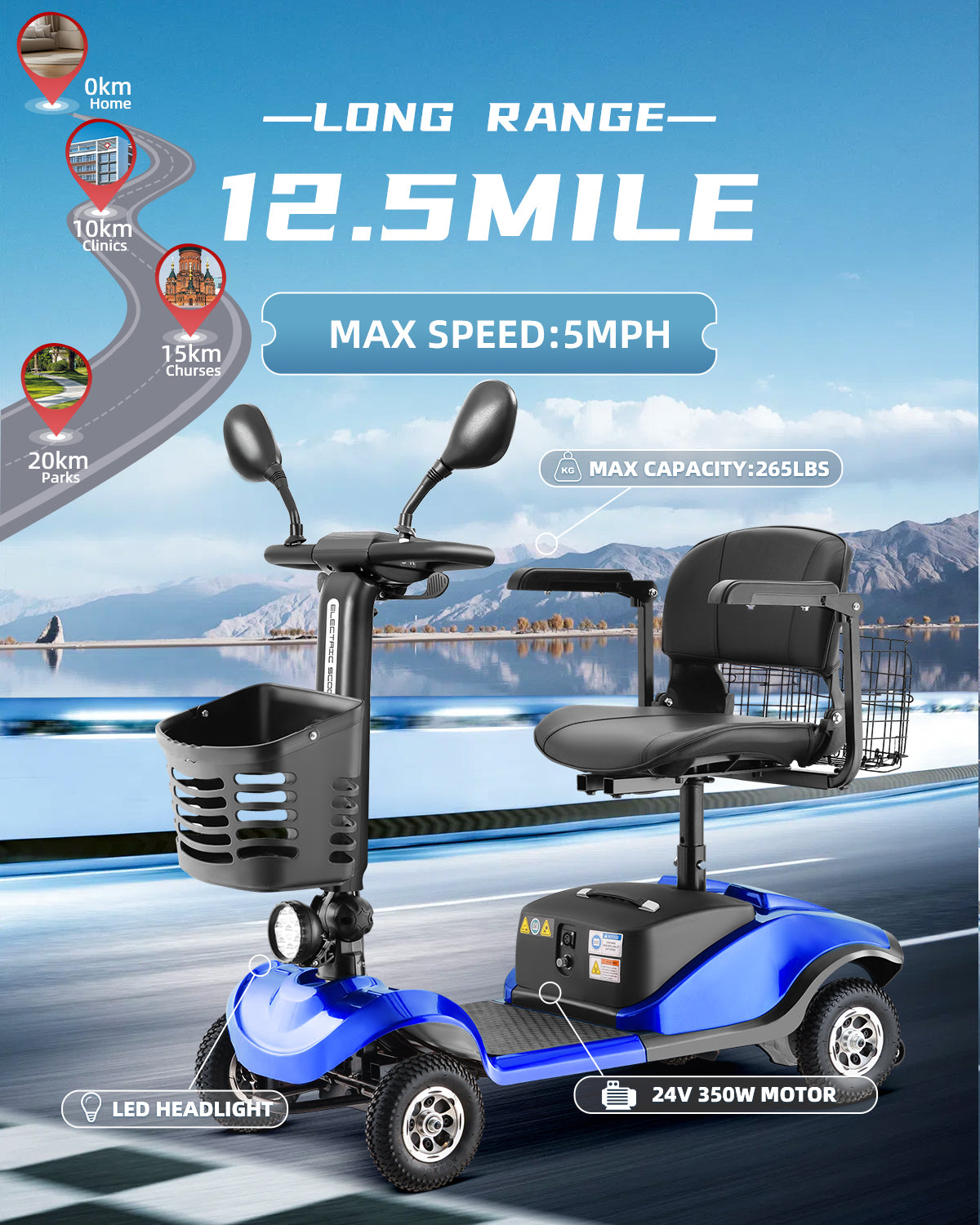 Folding Mobility Scooter for Adults - All-Terrain Electric Scooter with 350W Motor & Dual 12V20AH Batteries - Portable Collapsible Design for Seniors and Elderly-Blue