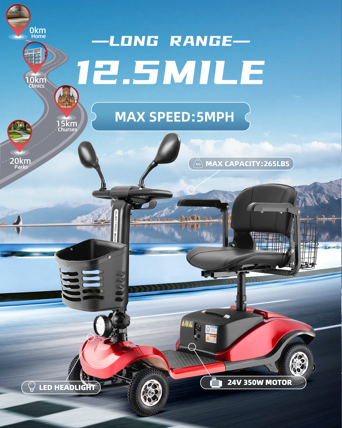 Folding Mobility Scooter for Adults - All-Terrain Electric Scooter with 350W Motor & Dual 12V20AH Batteries - Portable Collapsible Design for Seniors and Elderly-Red