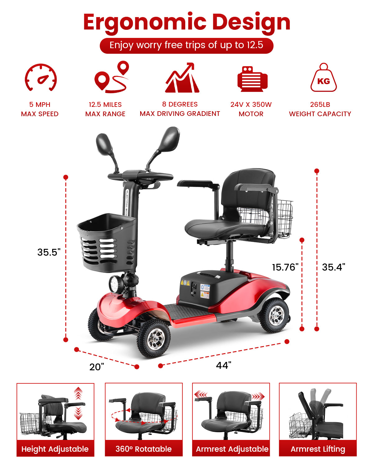 Folding Mobility Scooter for Adults - All-Terrain Electric Scooter with 350W Motor & Dual 12V20AH Batteries - Portable Collapsible Design for Seniors and Elderly-Red