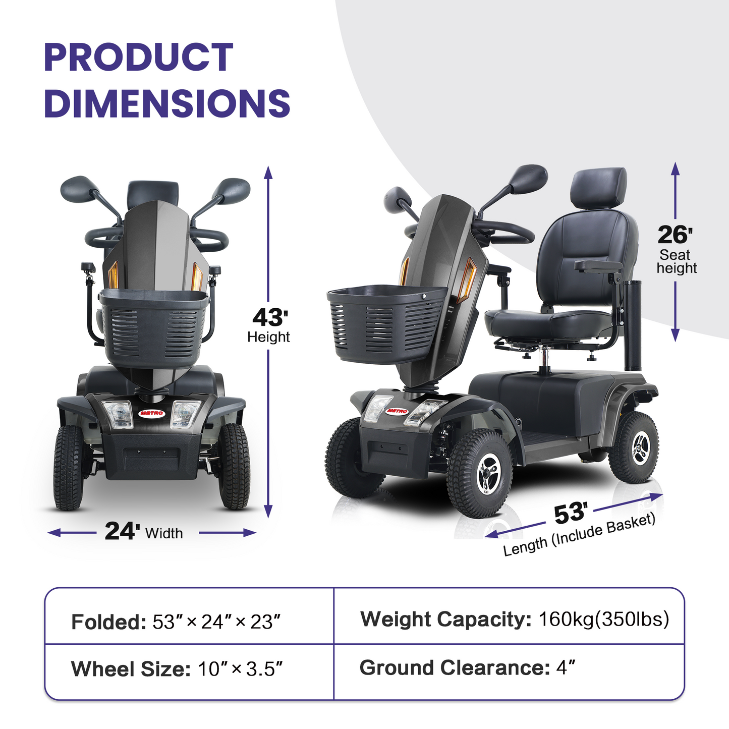 S500 Heavy Duty Mobility Scooter for Adults - Black All-Terrain Electric Scooter with Turn Signals, Headlights & Suspension - High-Weight Capacity for Seniors & Disabled