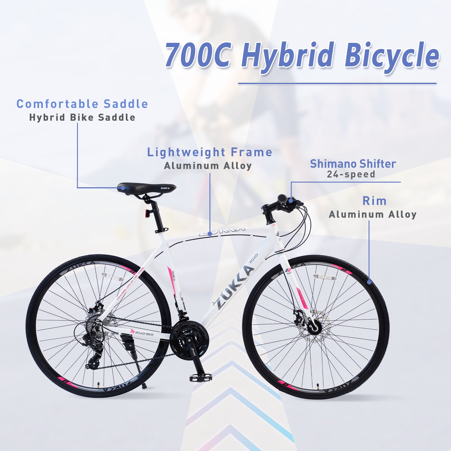 24-Speed Hybrid Disc Brake Road Bike, 700C Light weight Aluminum City Commuter Bicycle for Men & Women - White