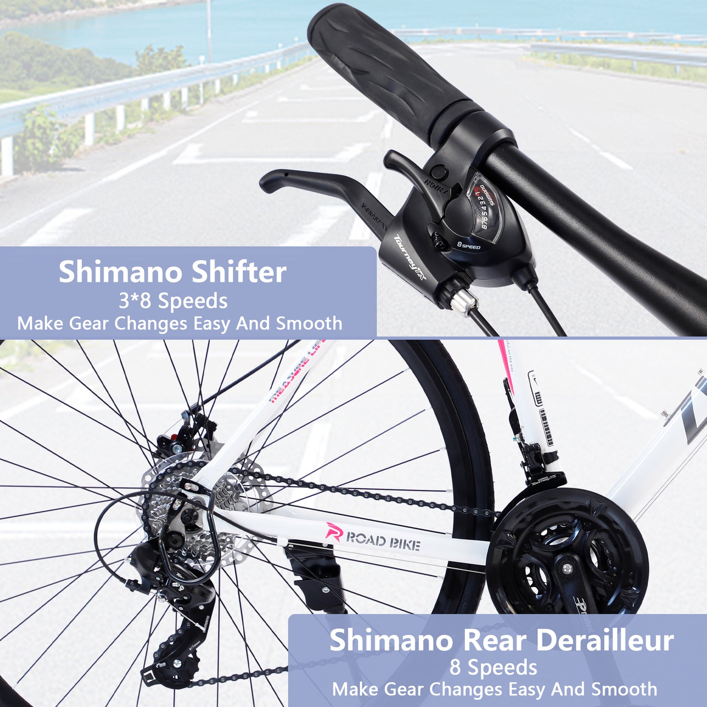 24-Speed Hybrid Disc Brake Road Bike, 700C Light weight Aluminum City Commuter Bicycle for Men & Women - White