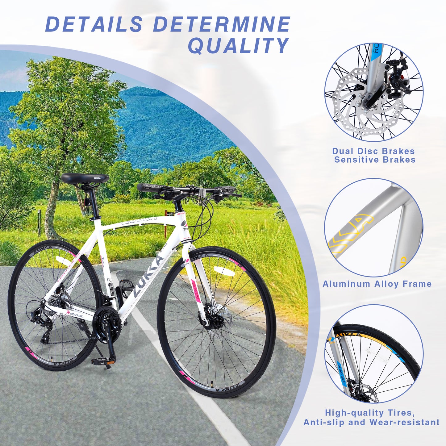 24-Speed Hybrid Disc Brake Road Bike, 700C Light weight Aluminum City Commuter Bicycle for Men & Women - White